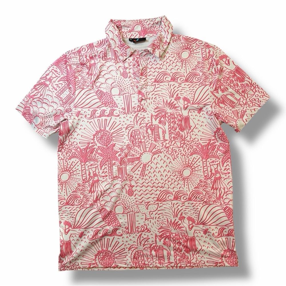 Yatta Men's Shaka Life Golf Polo Shirt All over Print Size Medium 4 way Stretch